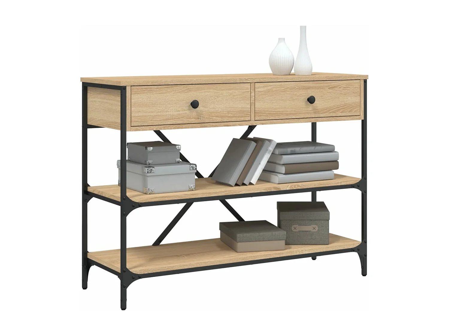 Consolle con cassetti e ripiani in rovere sonoma