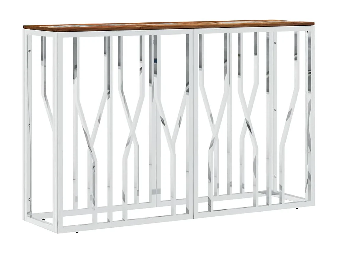 Tavolo consolle in acciaio inossidabile color argento/legno massiccio di recupero