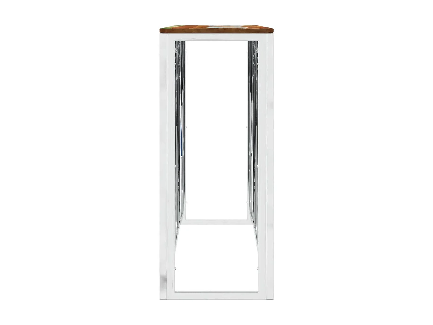 Tavolo consolle in acciaio inossidabile color argento/legno massiccio di recupero