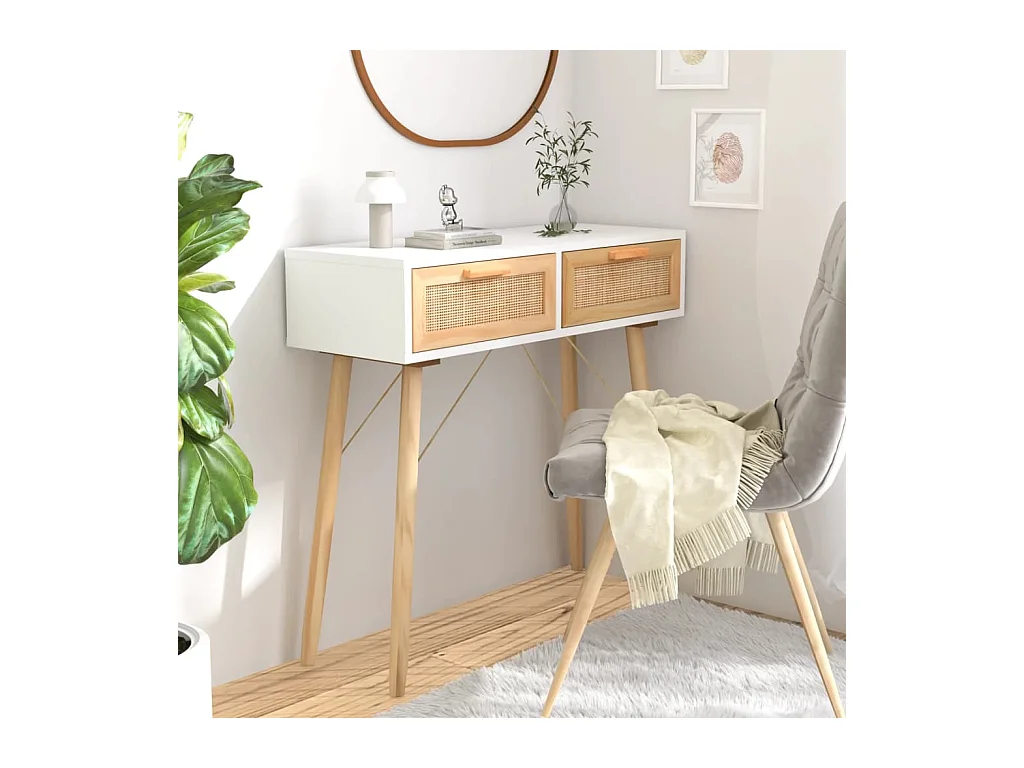 Table console Blanc 80x30x75 cm Bois massif pin /rotin naturel
