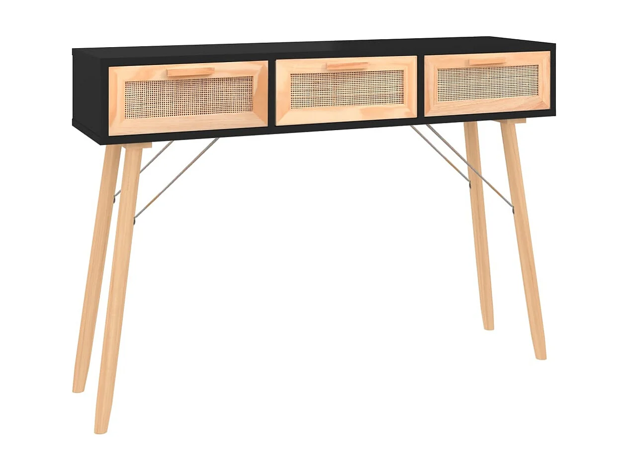 Table console Noir 105x30x75 cm Bois massif pin /rotin naturel