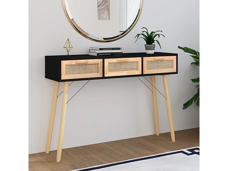 Table console Noir 105x30x75 cm Bois massif pin /rotin naturel
