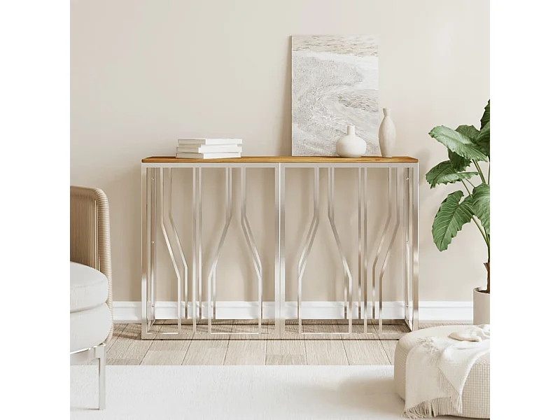 Konsolentisch aus silbernem Edelstahl und massivem Akazienholz