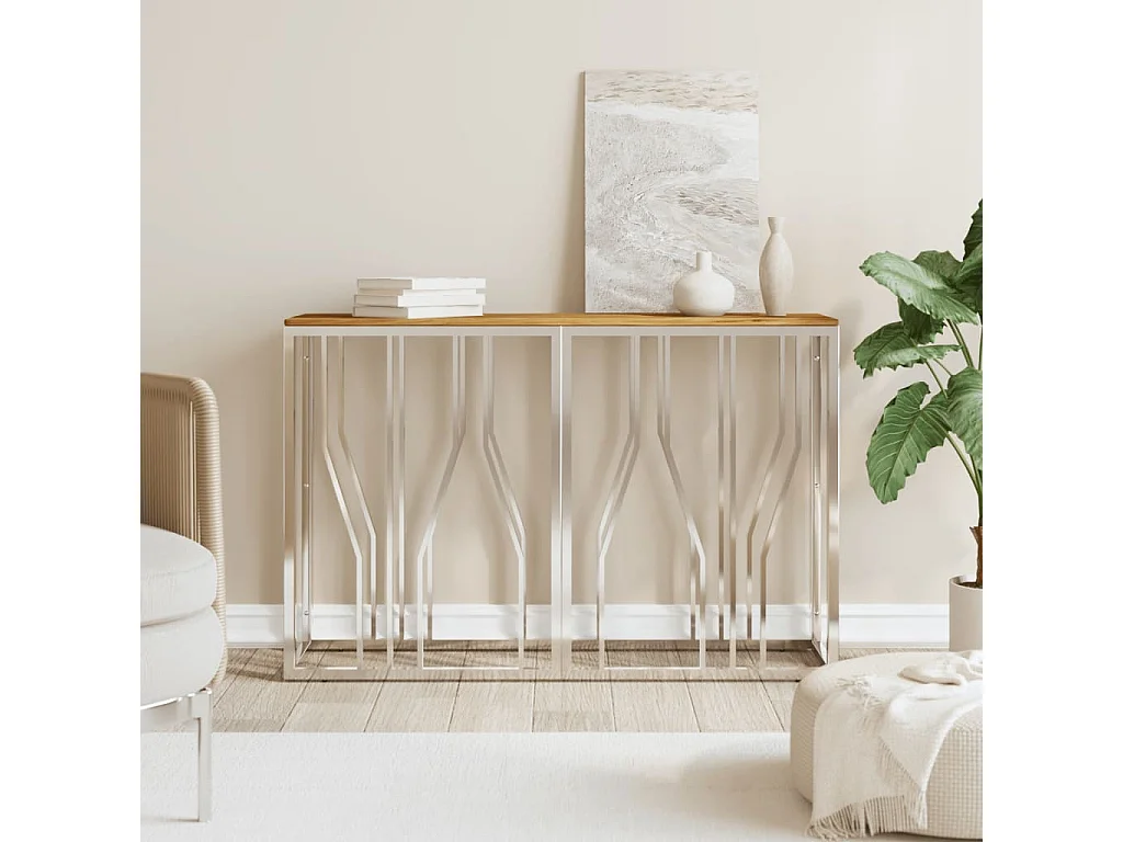 Table console argenté acier inoxydable et bois massif d'acacia