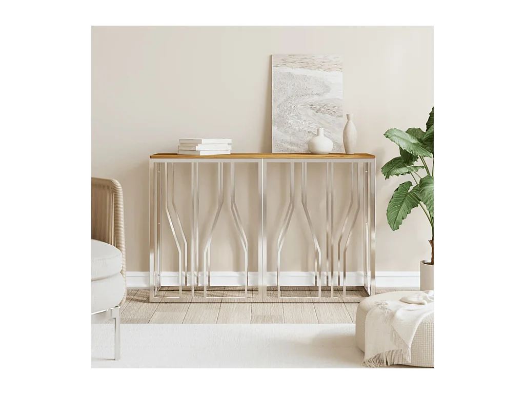 Table console argenté acier inoxydable et bois massif d'acacia