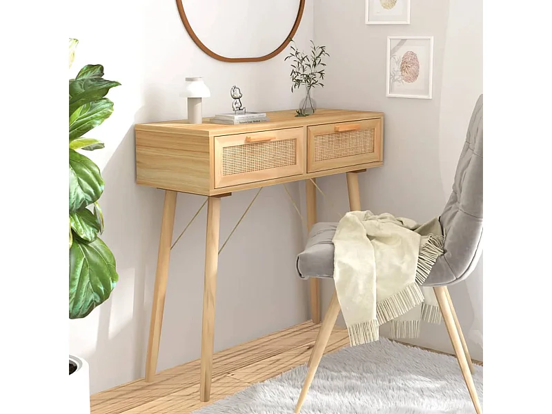 Konsolentisch Braun 80x30x75 cm Massivholz Kiefer/Naturrattan