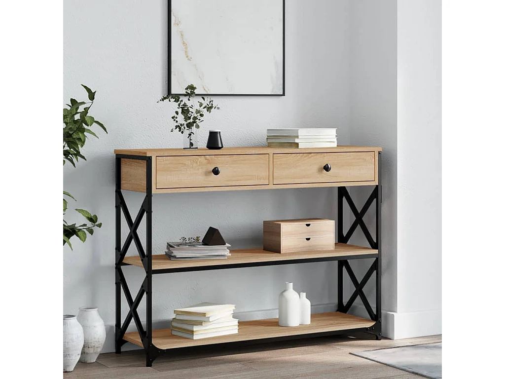 Tavolo Consolle Rovere Sonoma 200x29x75 Cm | Legno Multistrato E Telaio Metallo | Stile Industriale Per Ingresso E Corridoio