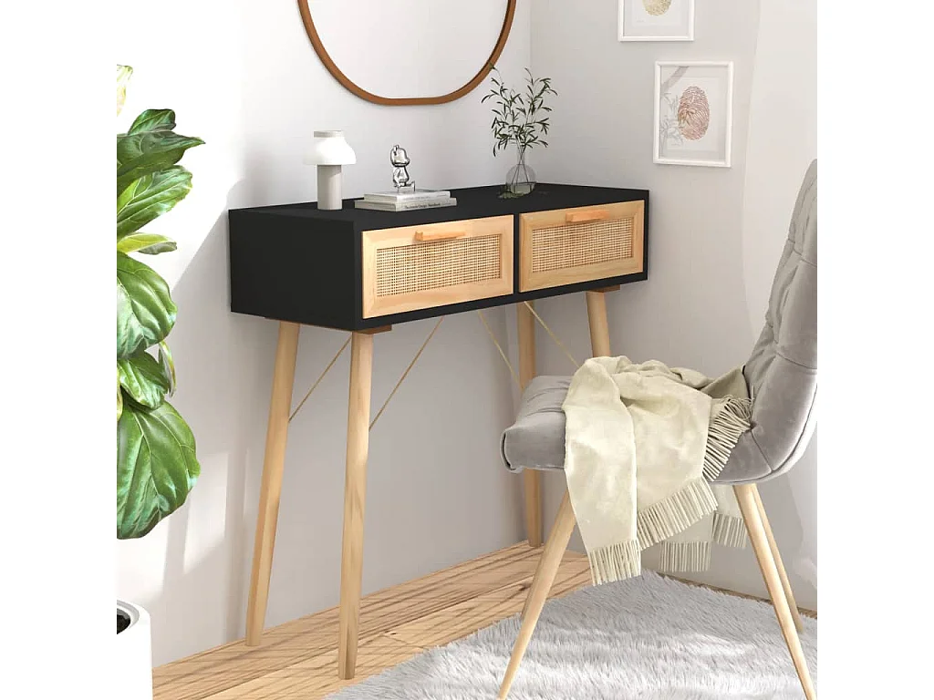Tavolo consolle Nero 80x30x75 cm Legno massello di pino/rattan naturale