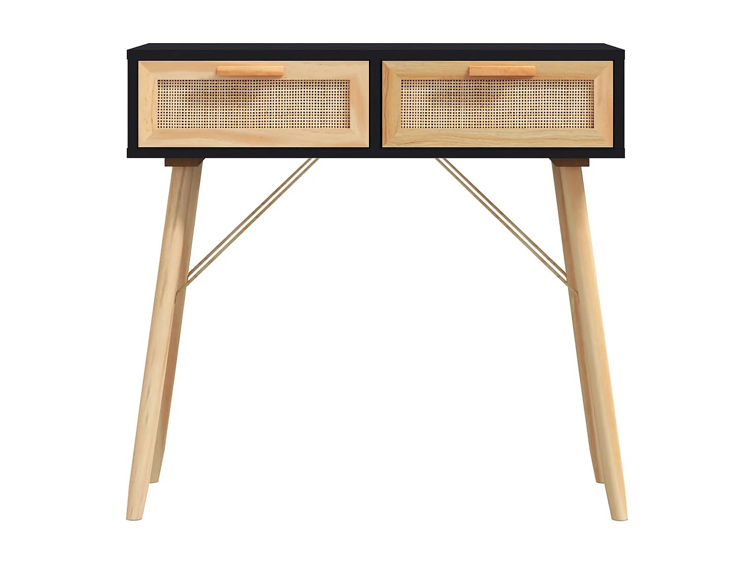 Tavolo consolle Nero 80x30x75 cm Legno massello di pino/rattan naturale