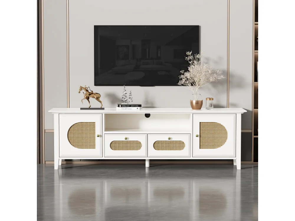 Geschilderd tv-meubel met gebogen rotan deuren en laden