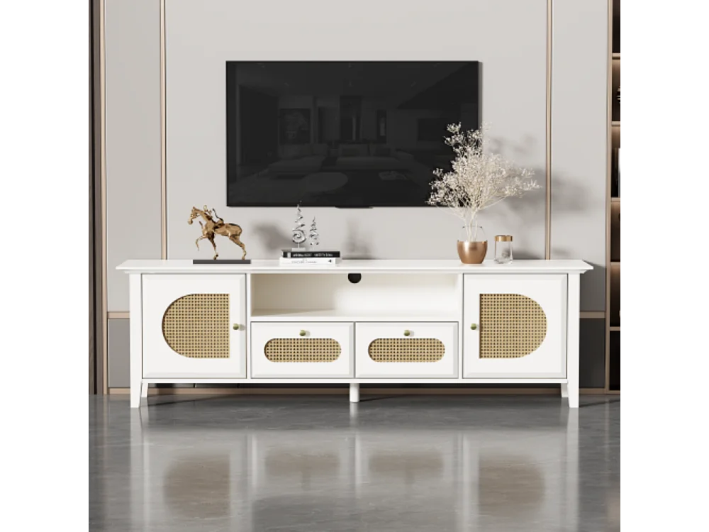 Geschilderd tv-meubel met gebogen rotan deuren en laden