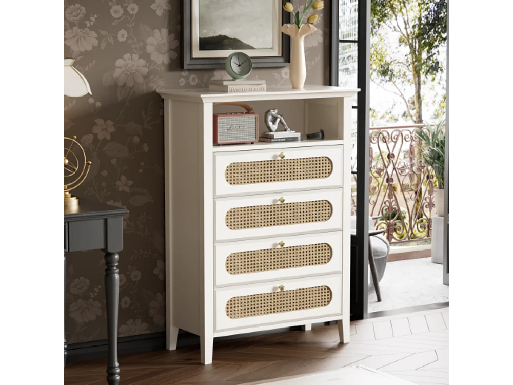 Buffet avec Rattan, Pieds en bois massif, Surface laquée