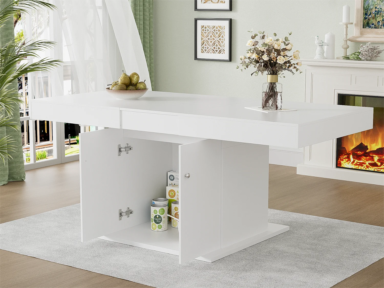 Mesa de jantar extensível - com arrumação por baixo - estilo moderno - Branco