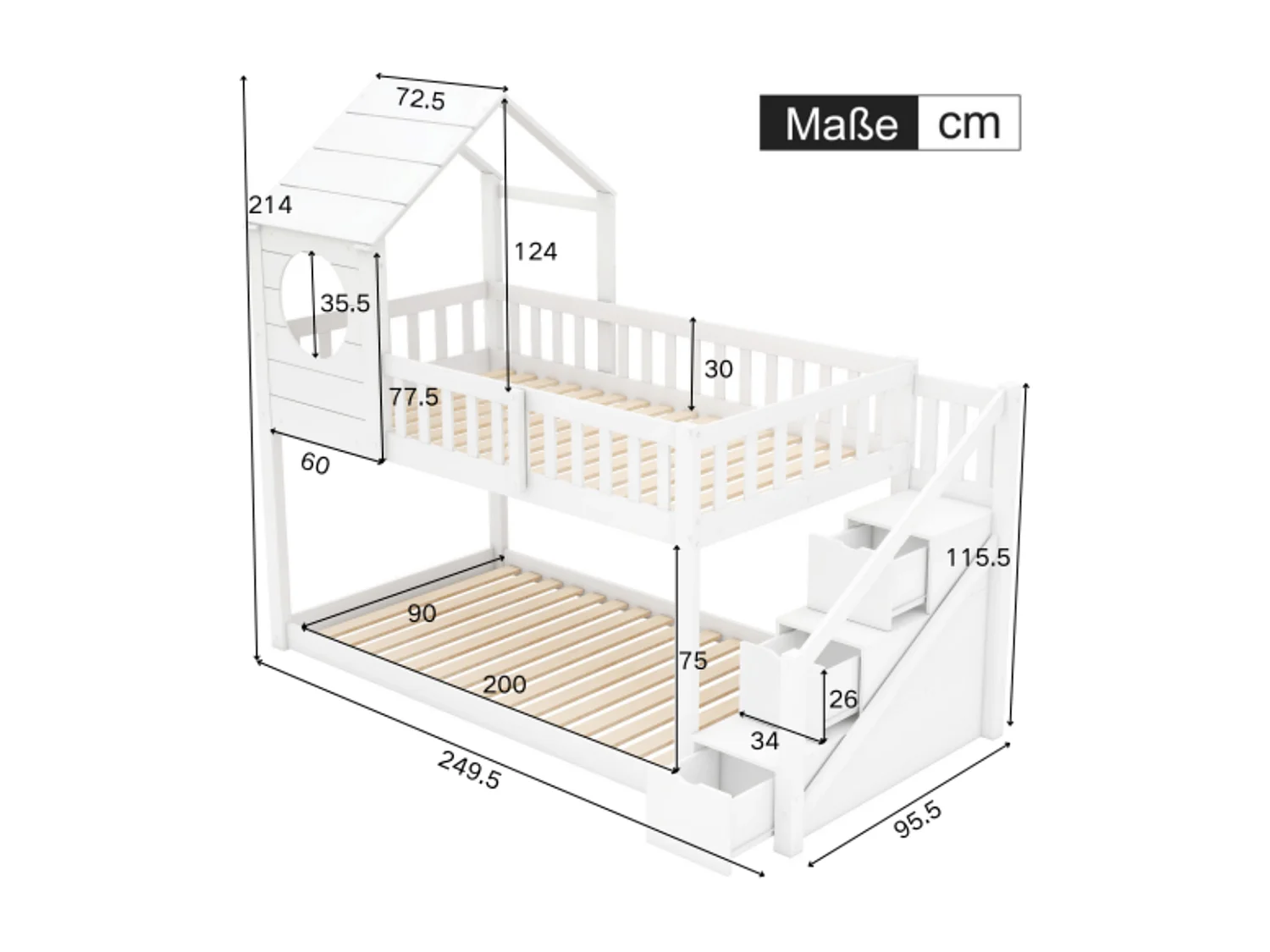 Cama em forma de casa Baumhaus, beliche infantil, 90 x 200 cm