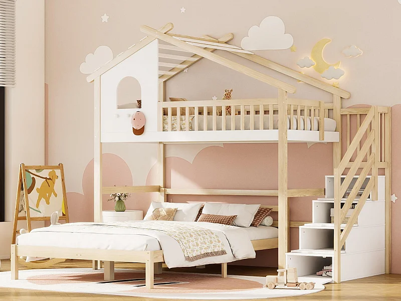 Letto a castello in legno di pino - 90x200 cm + 140x00 cm - con scala portaoggetti - Bianco e naturale