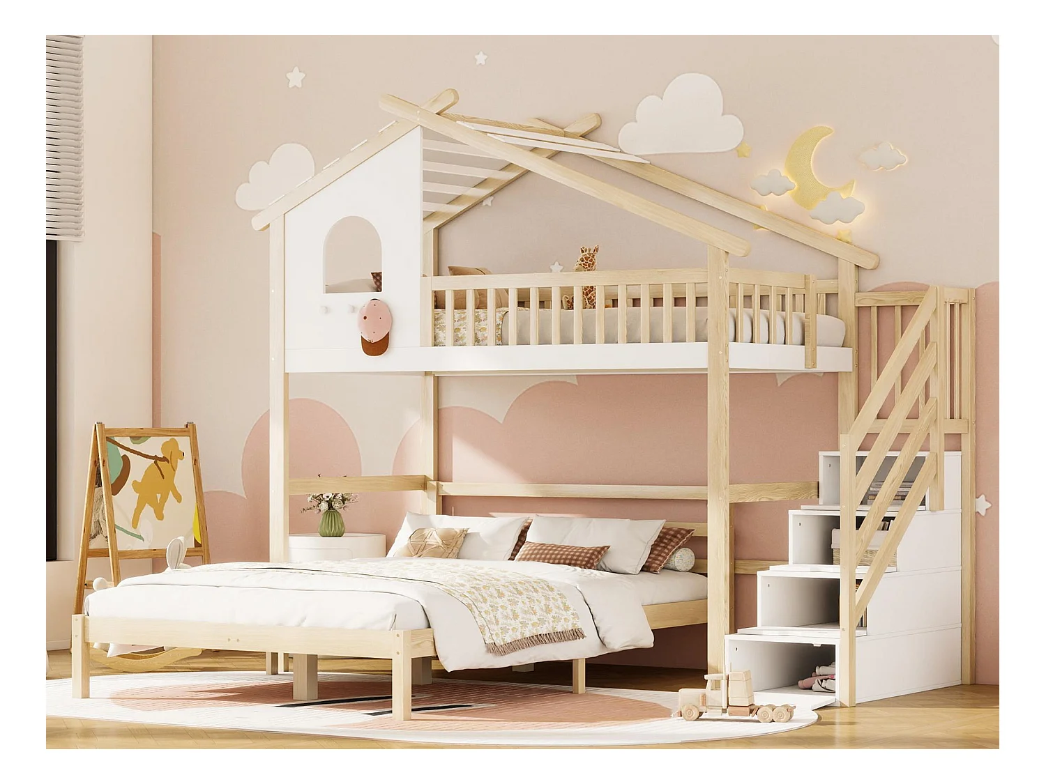 Litera de madera de pino - 90x200cm + 140x00cm - con escalera de almacenamiento - Blanco y Natural
