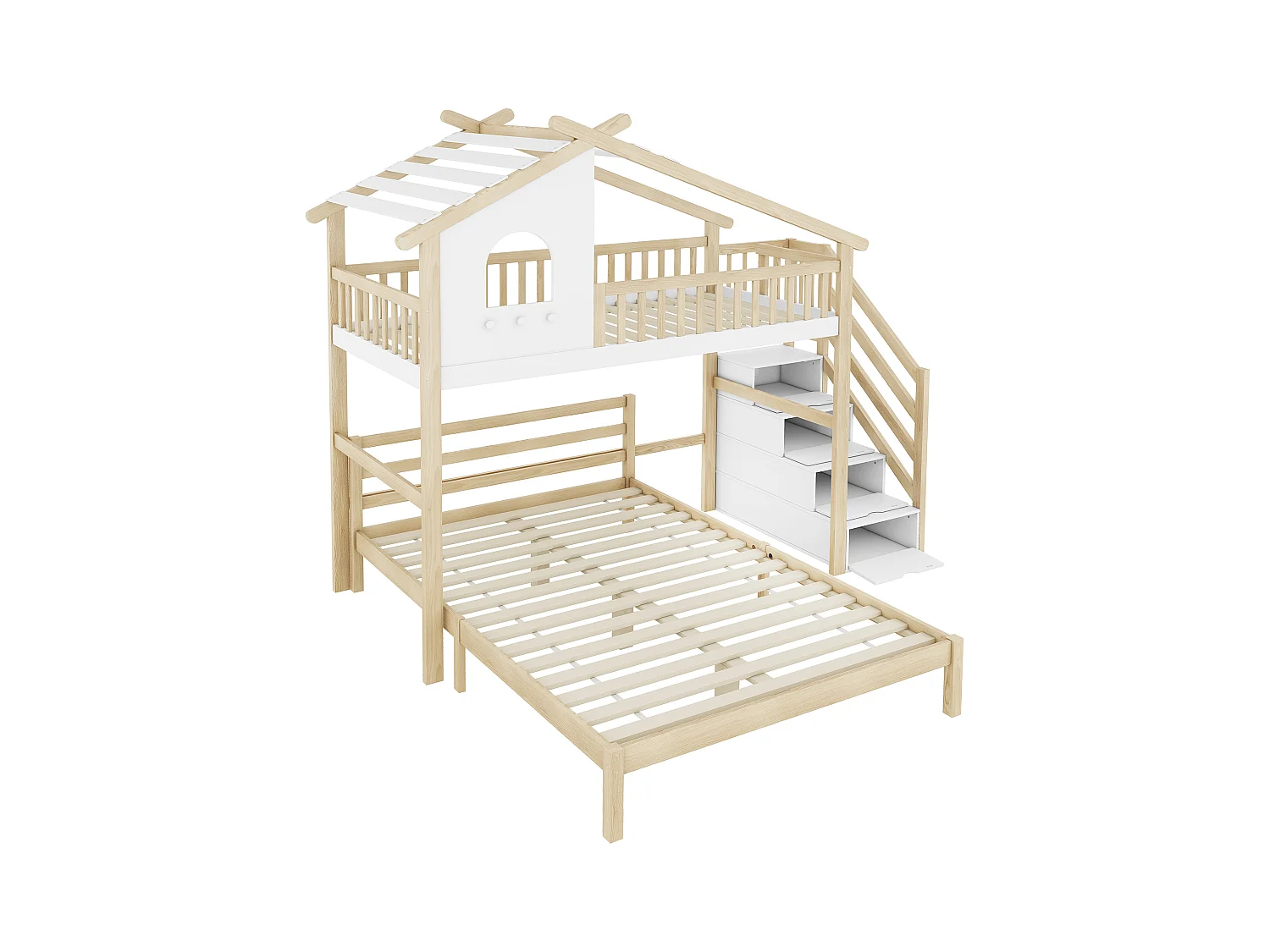 Grenenhouten stapelbed - 90x200cm + 140x00cm - met opbergladder - Wit & Naturel