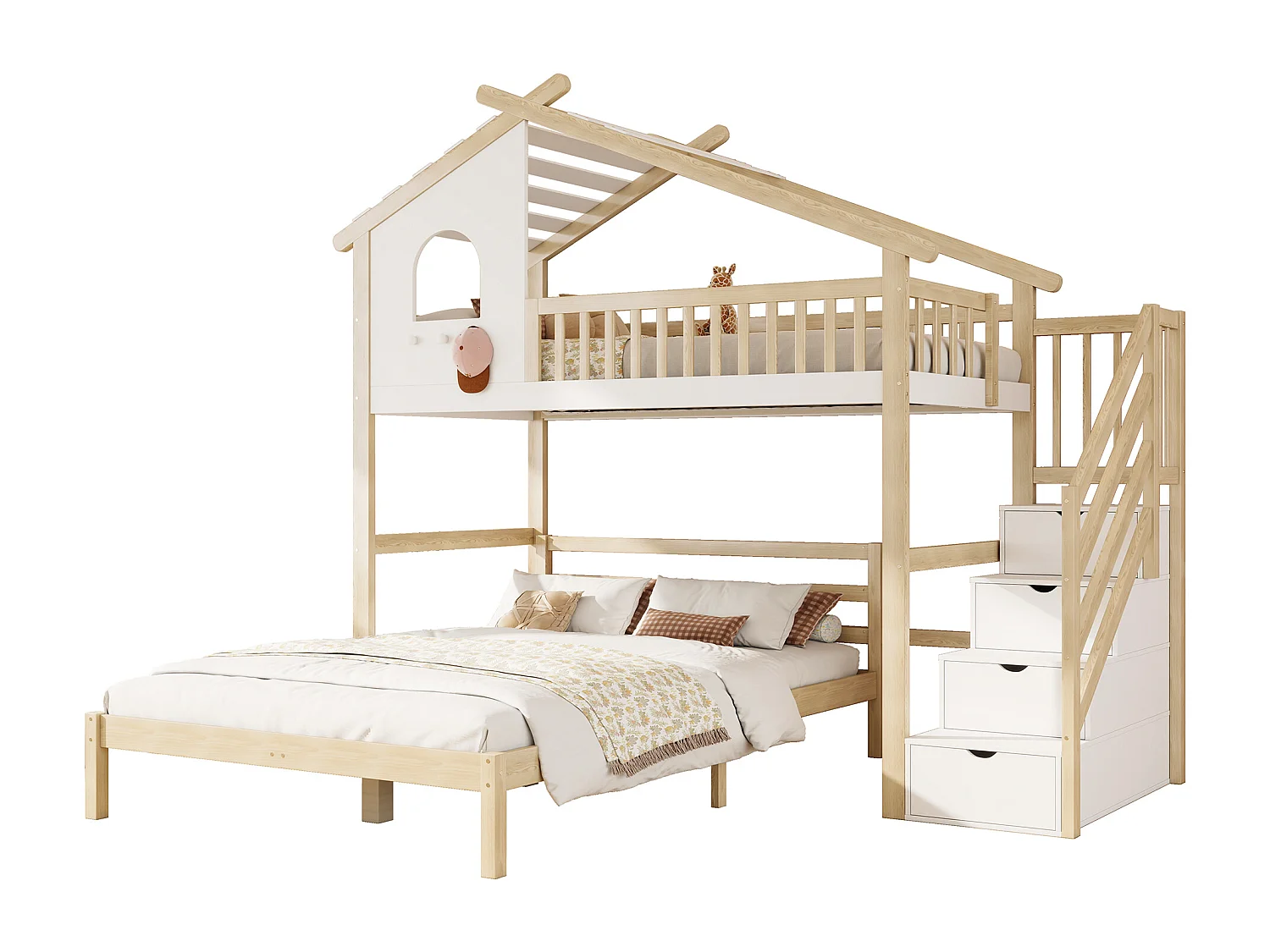 Lit superposé en bois de pin - 90x200cm + 140x200cm - avec échelle de rangement - Blanc & Naturel