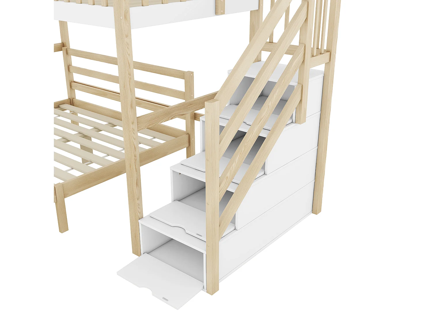 Lit superposé en bois de pin - 90x200cm + 140x200cm - avec échelle de rangement - Blanc & Naturel