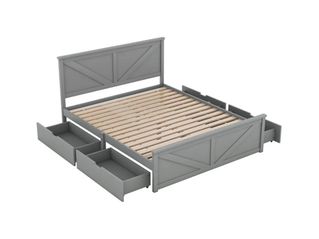 Lit simple en bois avec quatre tiroirs de rangement, gris