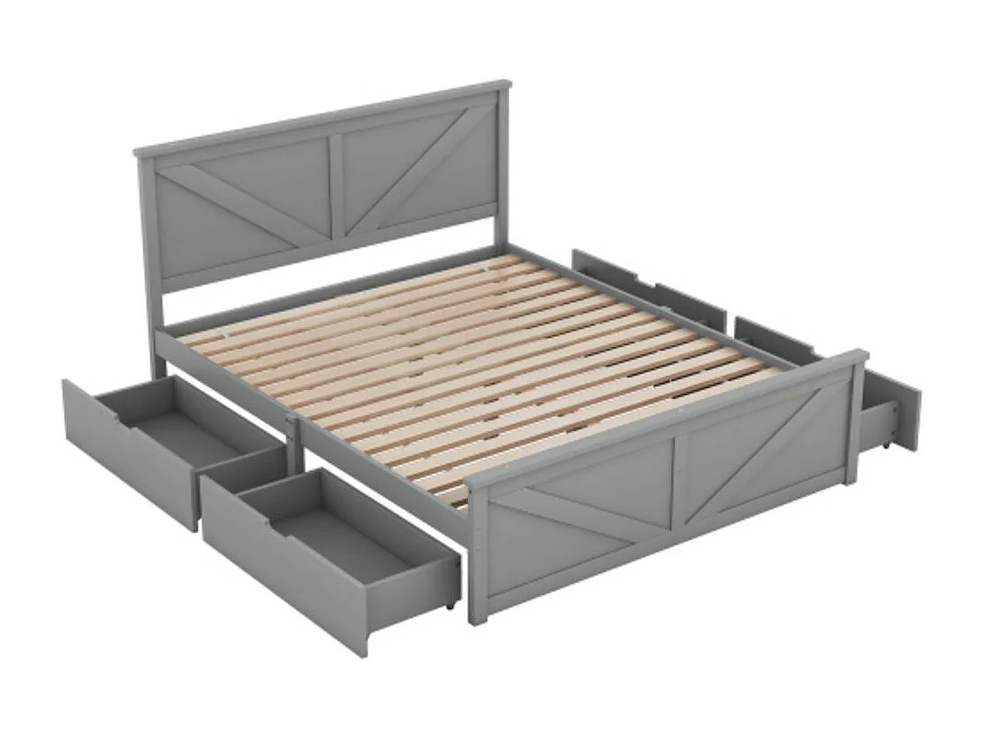 Lit simple en bois avec quatre tiroirs de rangement, gris