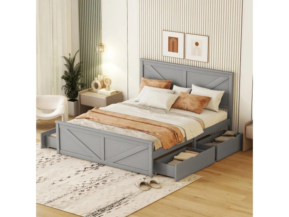 Lit simple en bois avec quatre tiroirs de rangement, gris