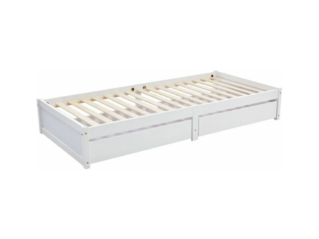 Lit en bois massif 90X200 avec 2 tiroirs et sommier à lattes - blanc