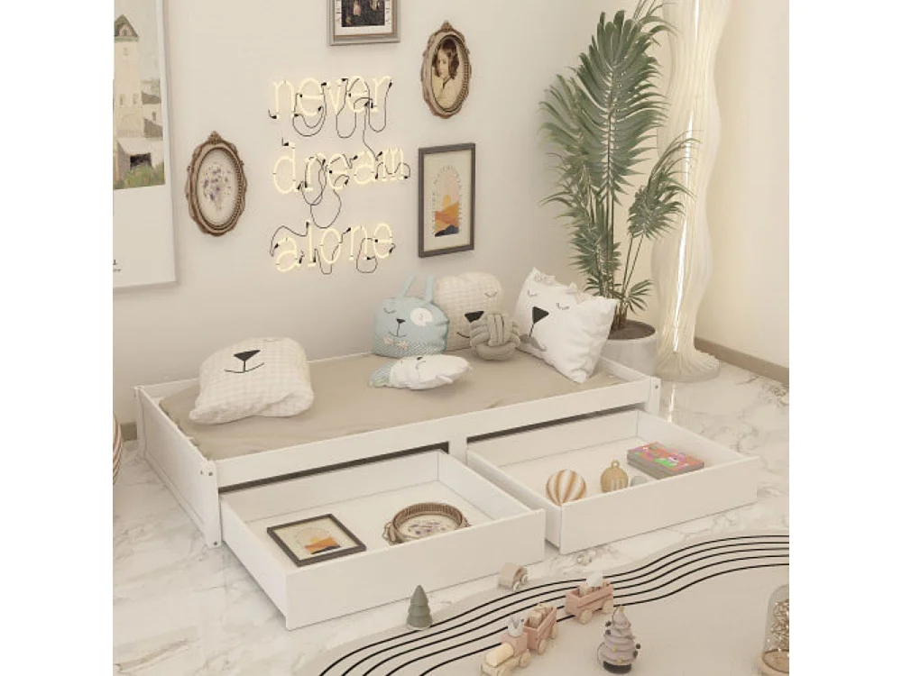 Lit en bois massif 90X200 avec 2 tiroirs et sommier à lattes - blanc