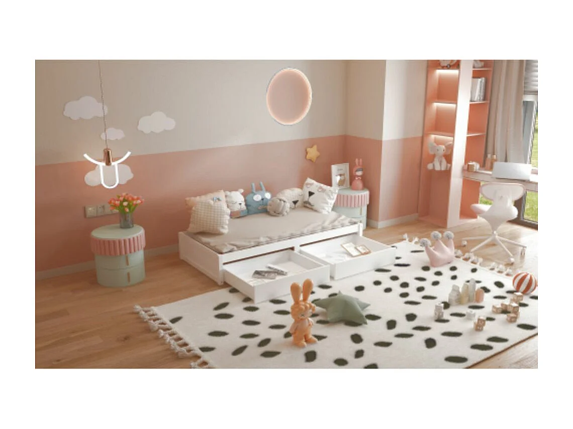 Lit en bois massif 90X200 avec 2 tiroirs et sommier à lattes - blanc