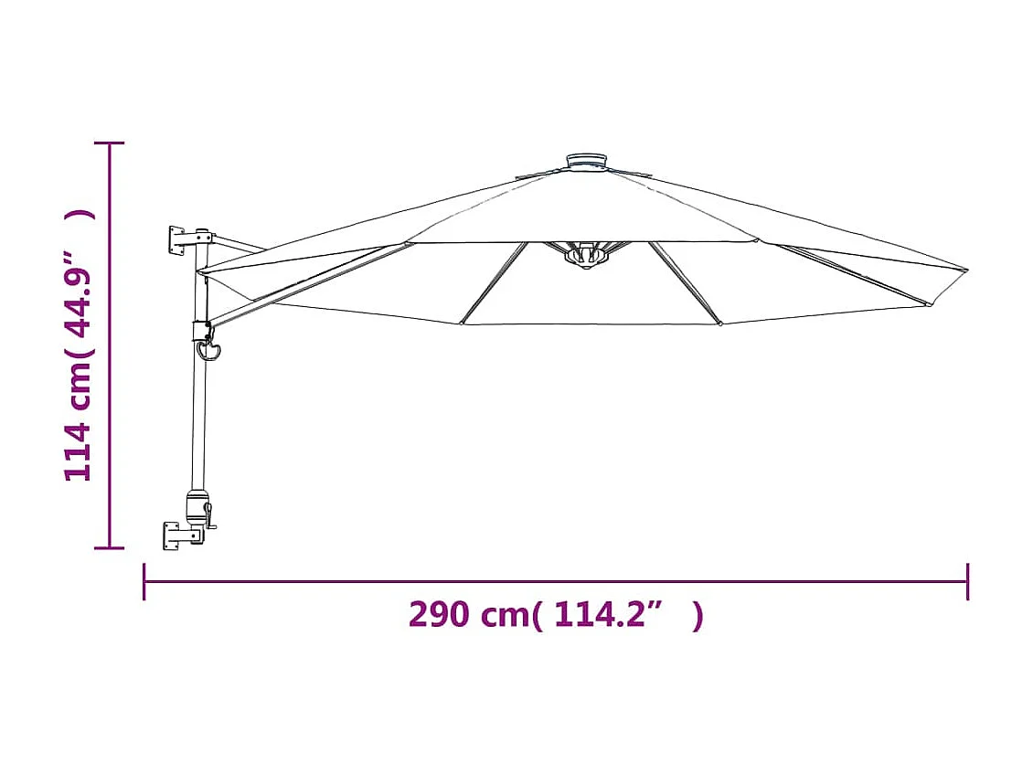 Parasol mural avec LED jaune 290 cm
