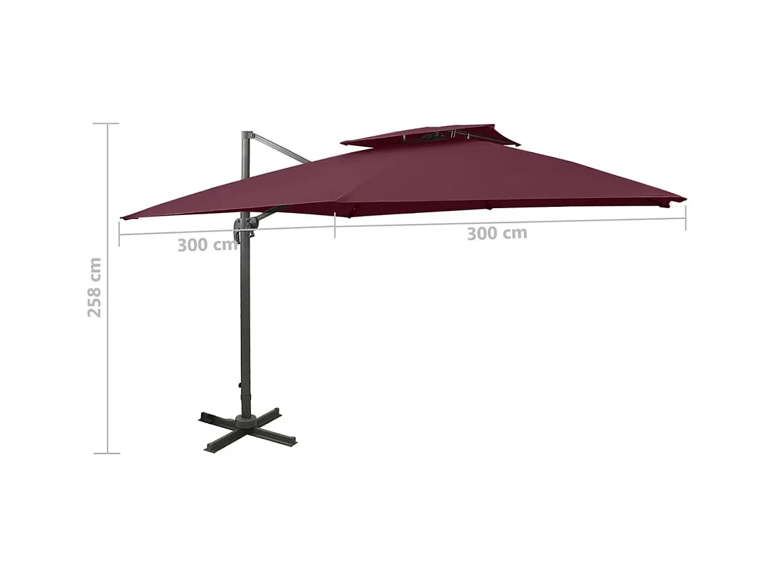 Parasol déporté avec double toit 300x300 cm rouge bordeaux