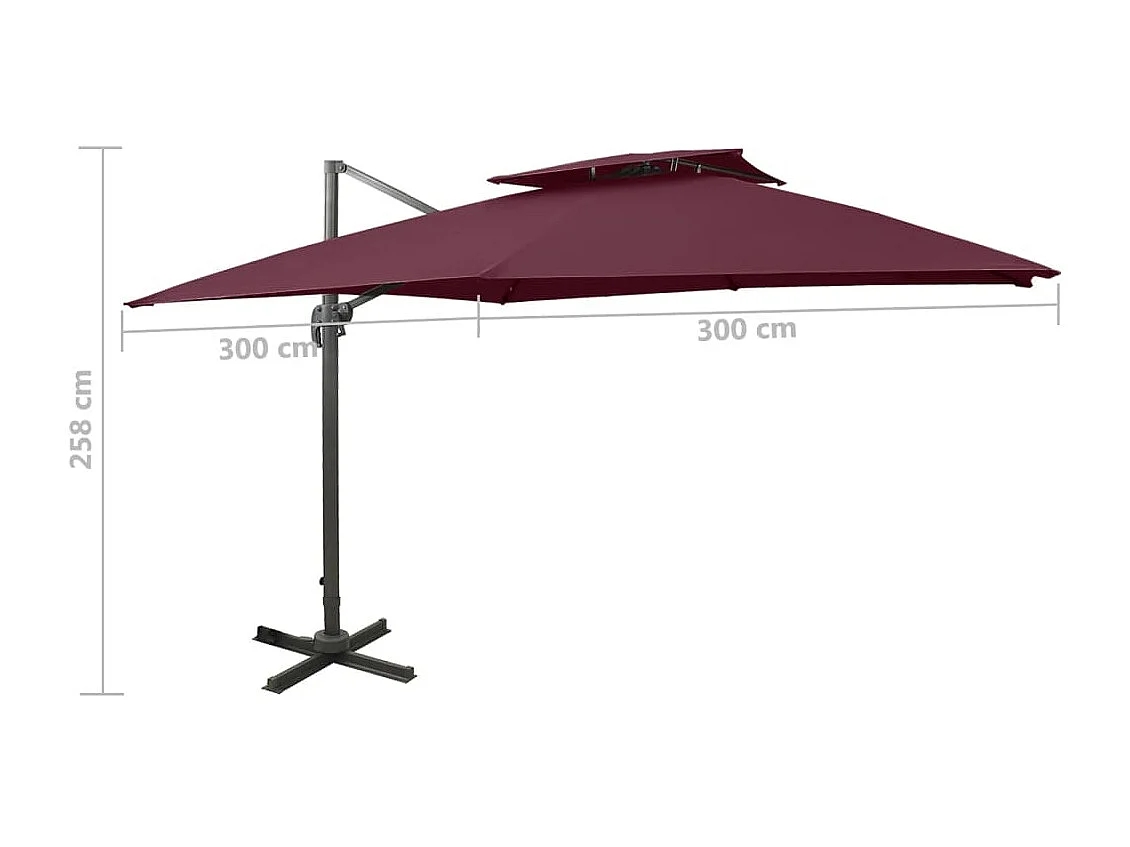 Parasol déporté avec double toit 300x300 cm rouge bordeaux
