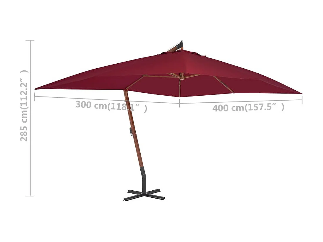 Parasol en porte-à-faux avec mât en bois 400 x 300 cm Bordeaux