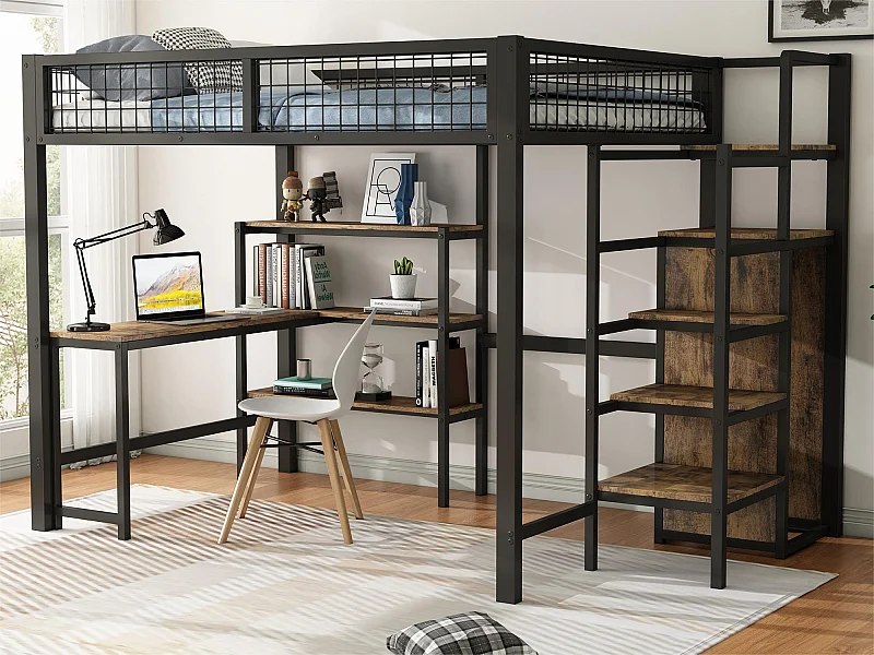 Lit mezzanine 140x200 cm - cadre en fer - avec un bureau et étagères - Noir