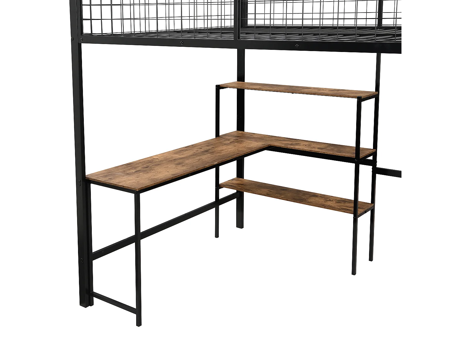 Cama alta 140x200 cm - estructura de hierro - con escritorio y estantes - Negro