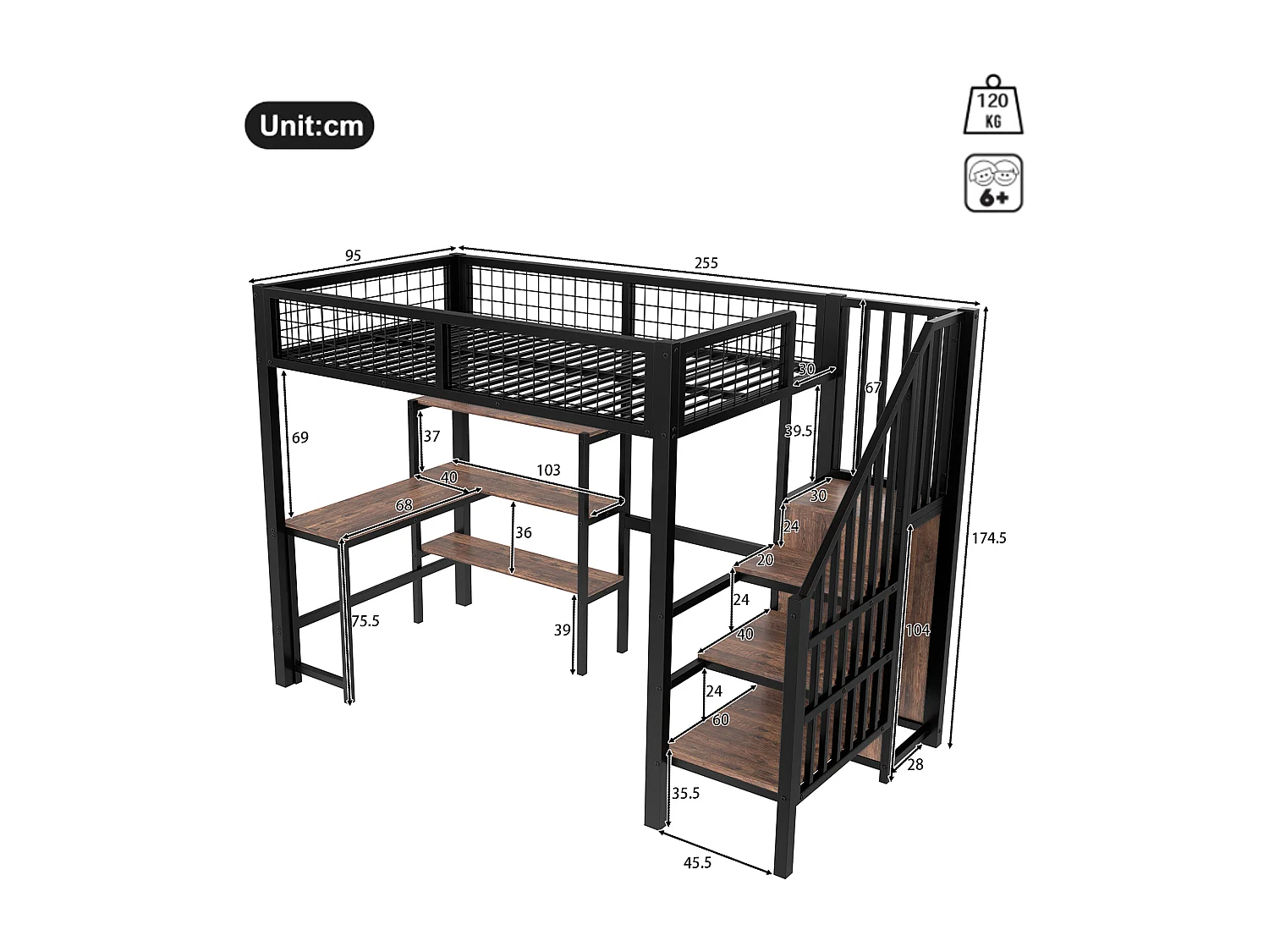 Hoogslaper 90x200 cm - ijzeren frame - met bureau en planken - Zwart