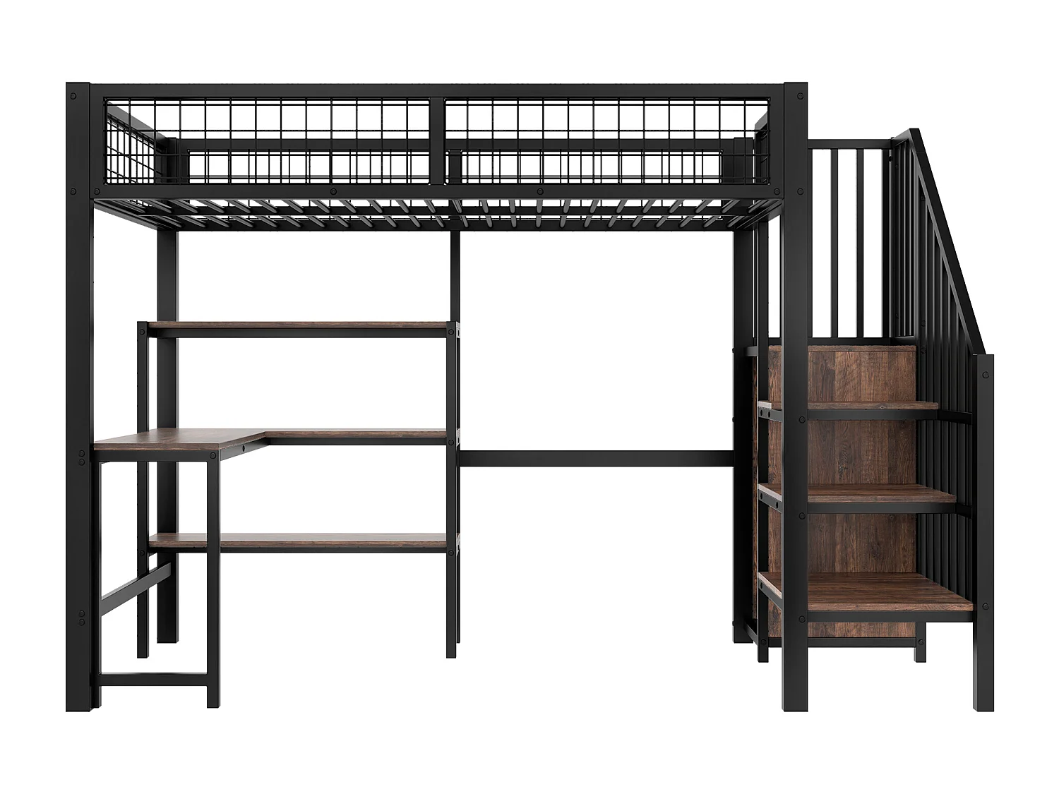 Hoogslaper 90x200 cm - ijzeren frame - met bureau en planken - Zwart