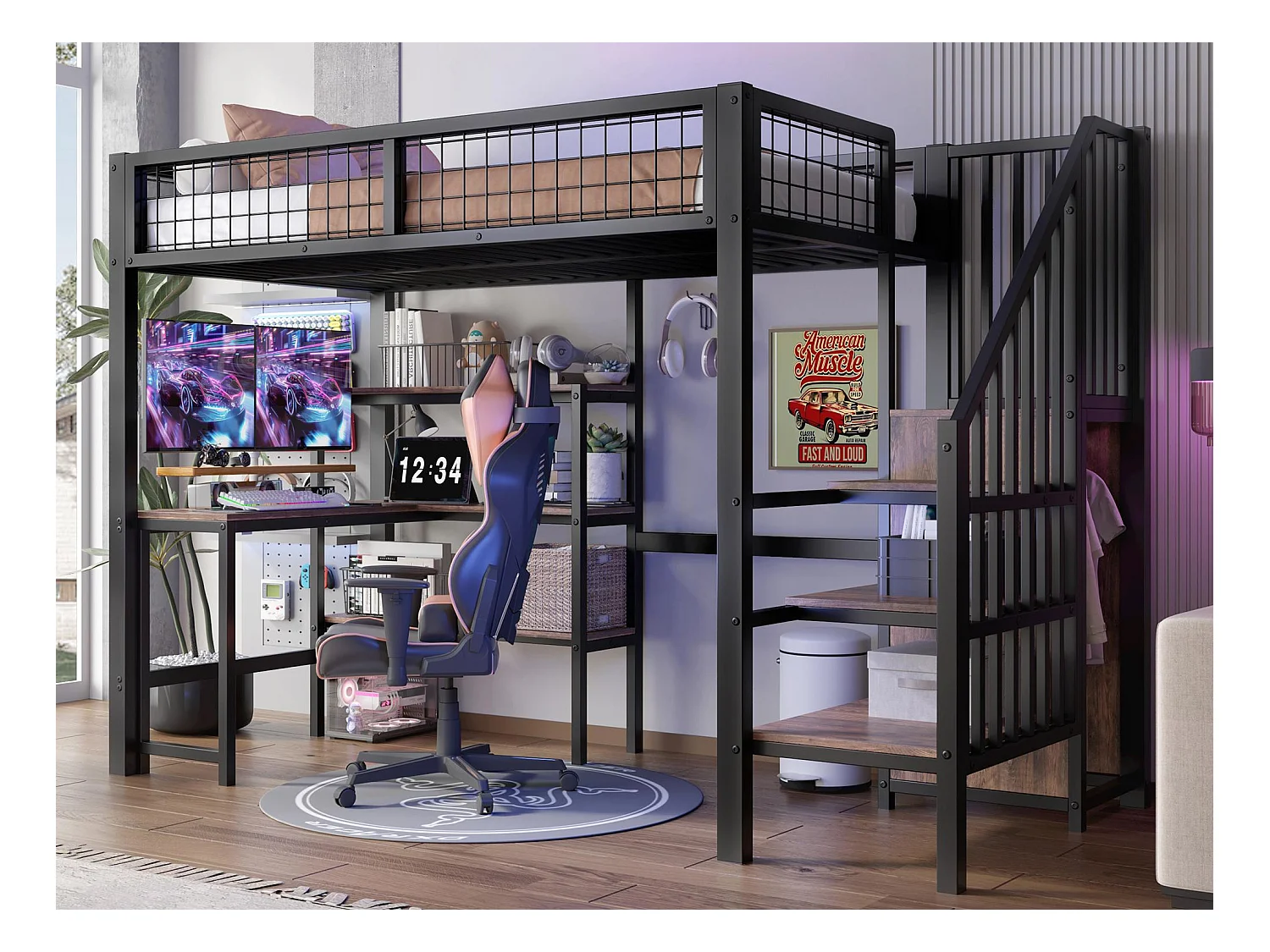 Hoogslaper 90x200 cm - ijzeren frame - met bureau en planken - Zwart
