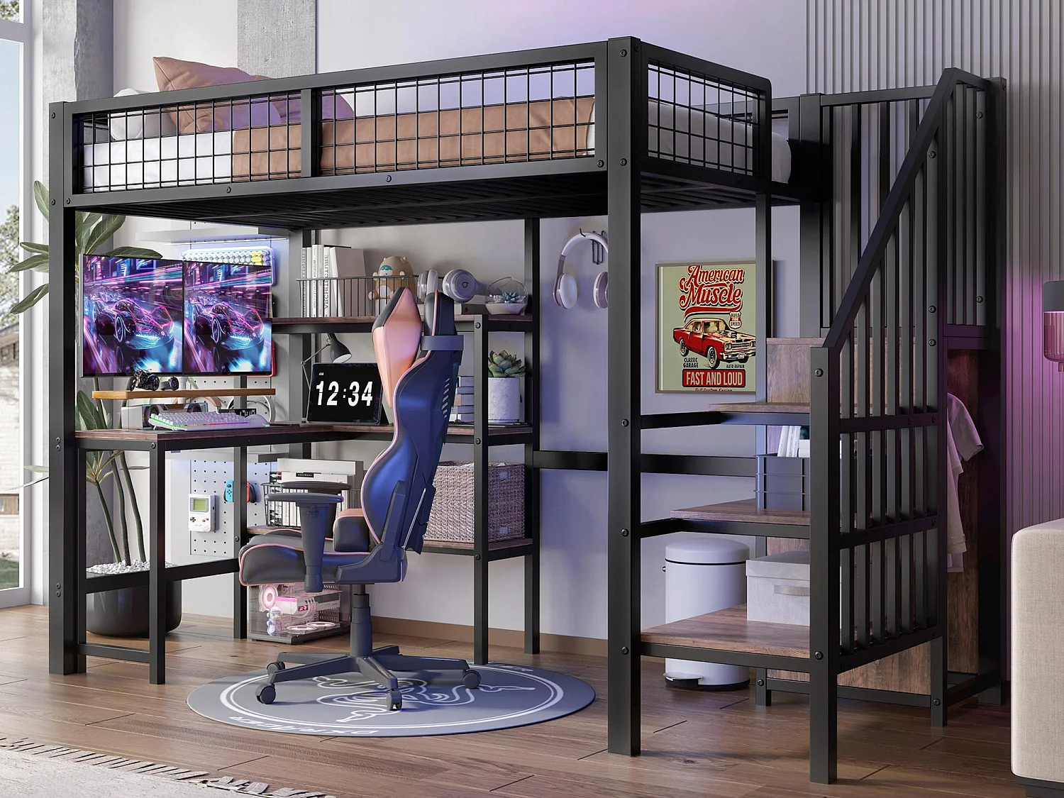 Cama alta 90x200 cm - estructura de hierro - con escritorio y estantes - Negro