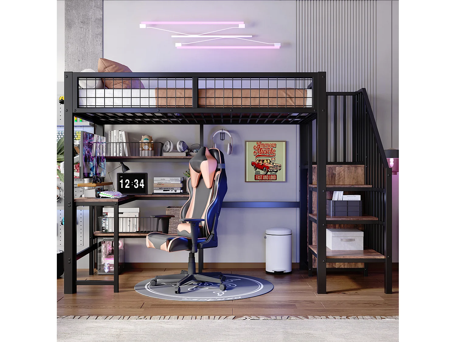 Cama alta 90x200 cm - estructura de hierro - con escritorio y estantes - Negro