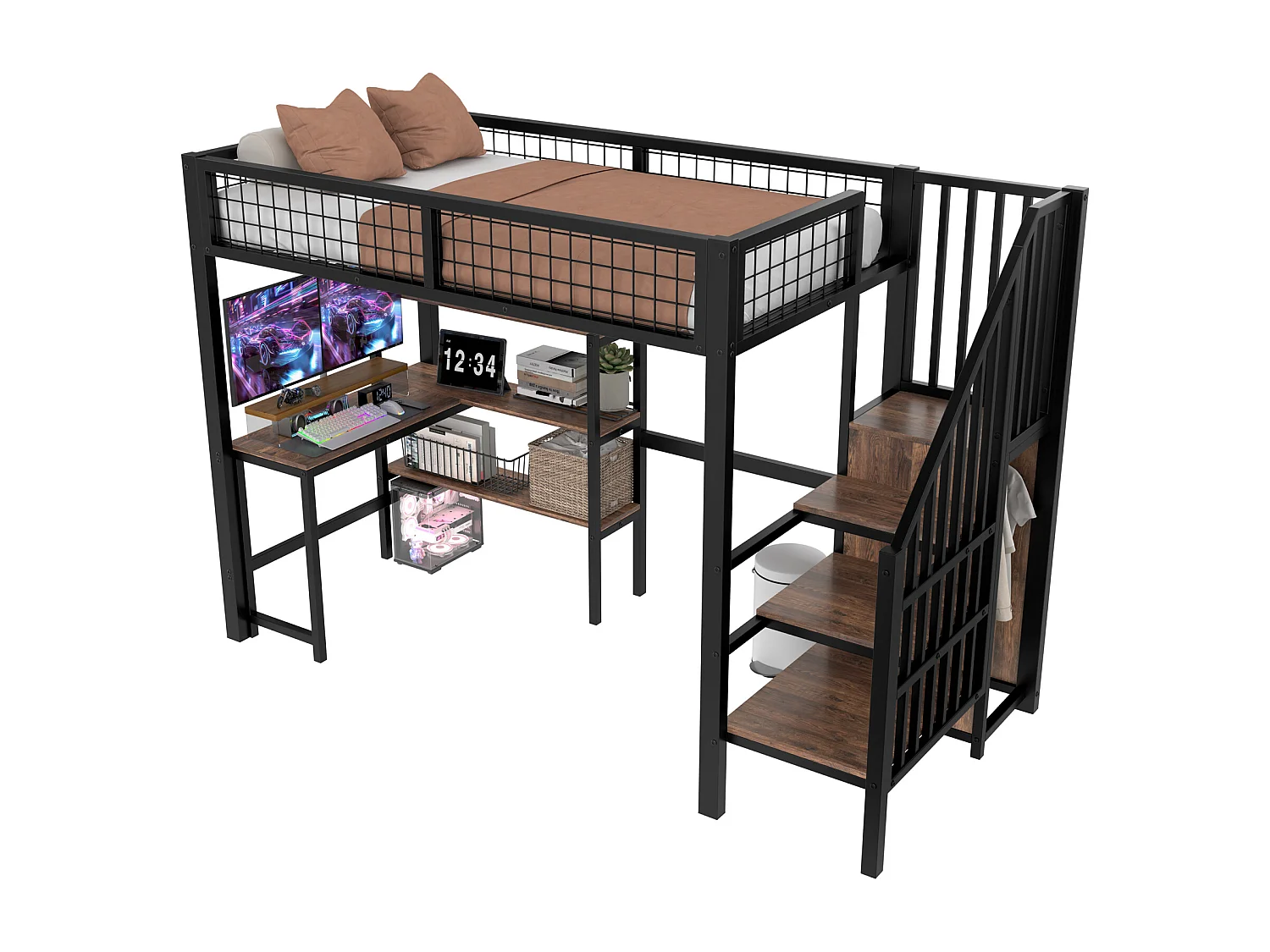 Cama alta 90x200 cm - estructura de hierro - con escritorio y estantes - Negro