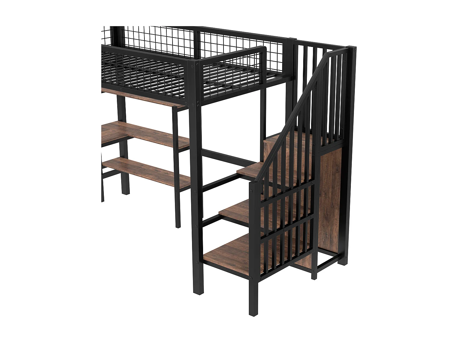 Cama alta 90x200 cm - estructura de hierro - con escritorio y estantes - Negro