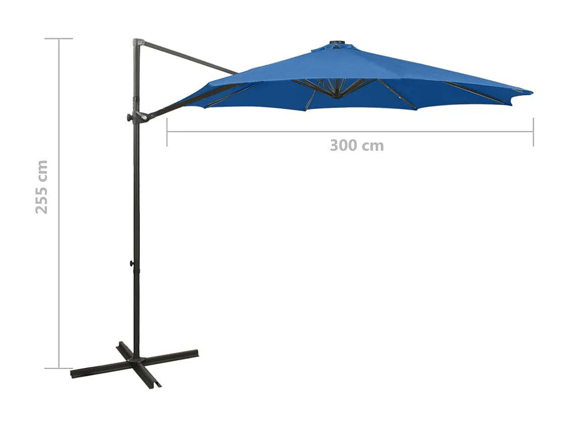 Parasol déporté avec mât et lumières LED Bleu azur 300 cm