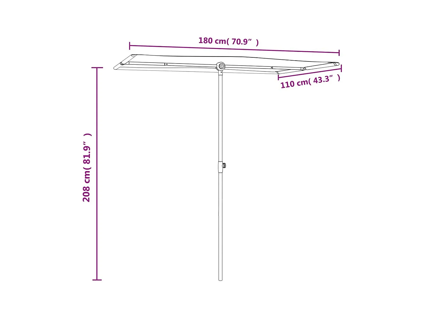 Ombrellone da esterno con palo in alluminio 180x110cm Terracotta