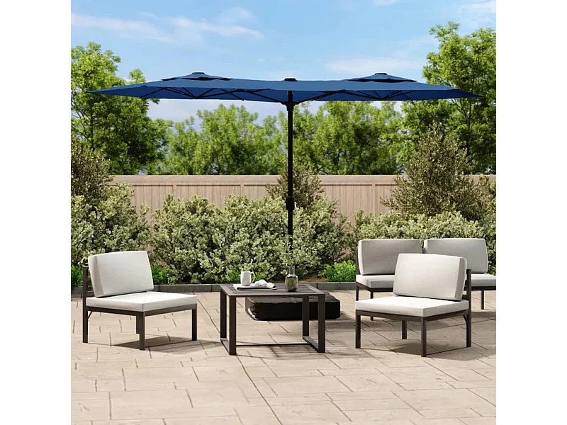 Dubbelkoppige parasol met azuurblauwe LED 316x240 cm