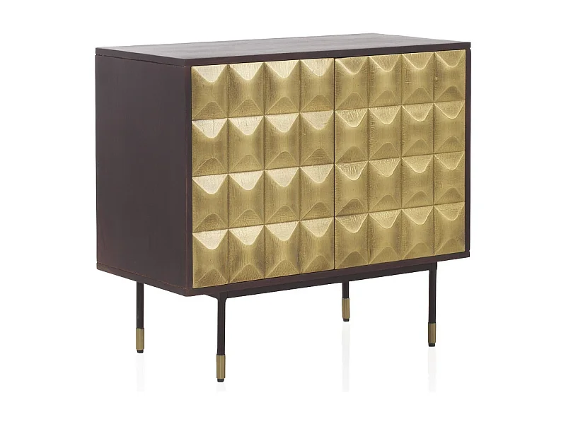 Sideboard mit 2 Türen aus massivem Mangoholz mit goldenen Messingfronten