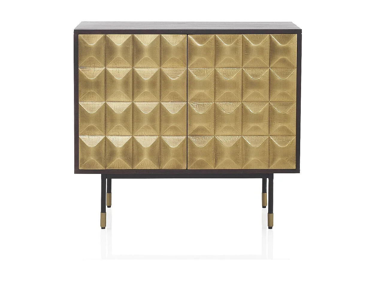 Sideboard mit 2 Türen aus massivem Mangoholz mit goldenen Messingfronten