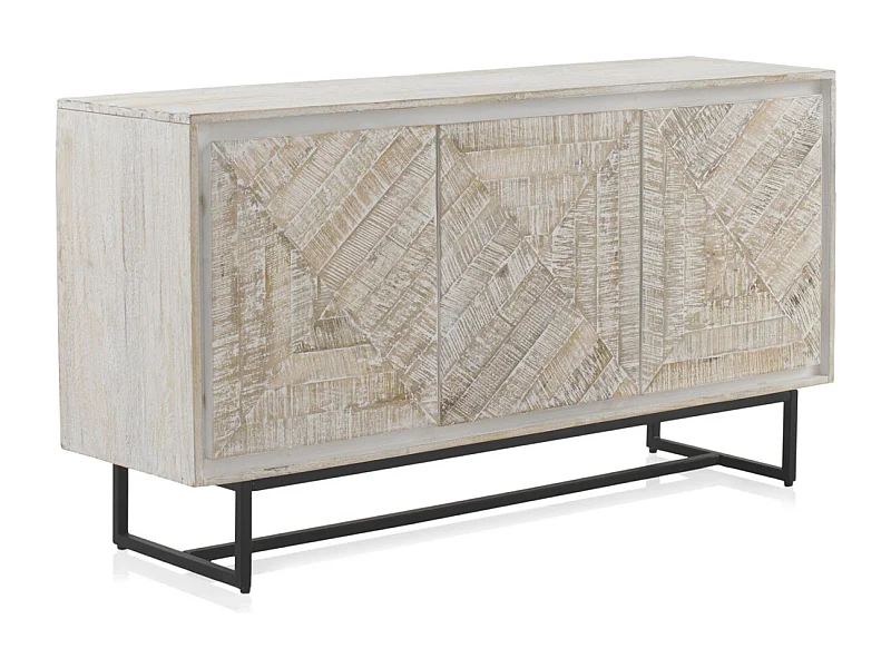 Aparador 3 puertas de madera de mango maciza  en color blanco patinado