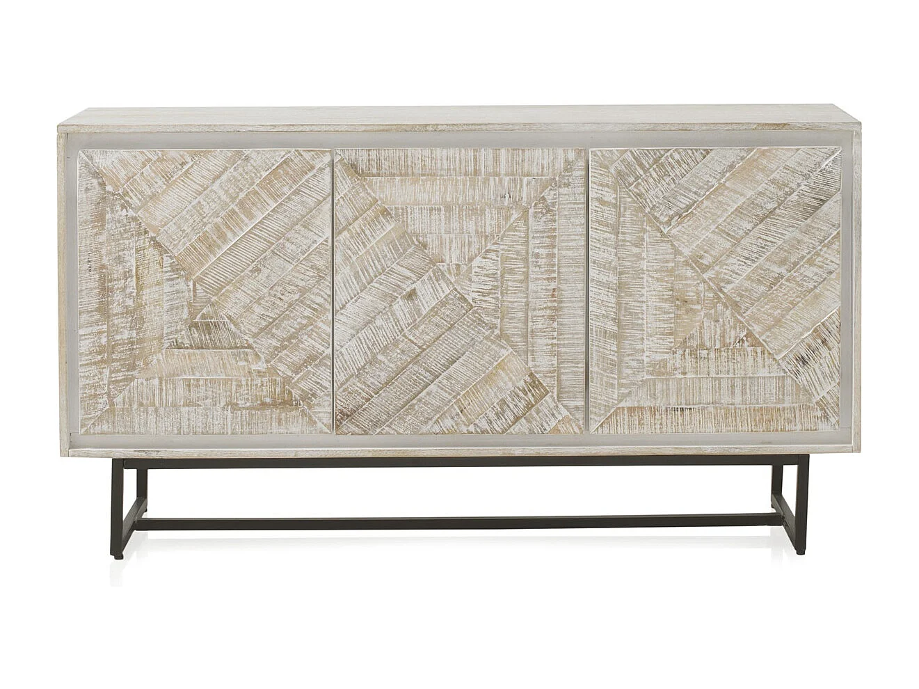 Buffet 3 portes en manguier massif patiné blanc