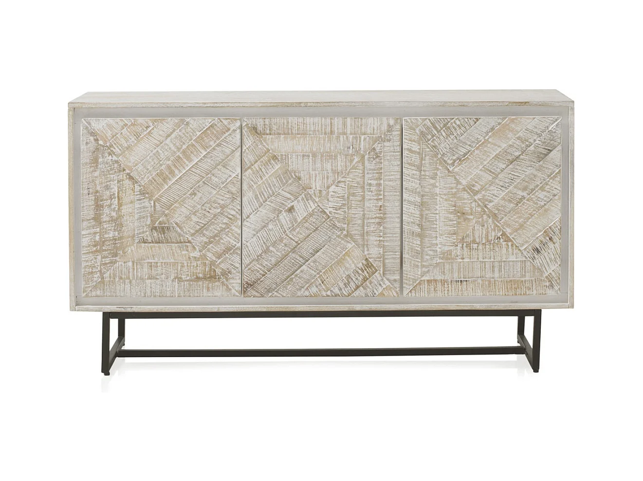 Sideboard mit 3 Türen aus massivem Mangoholz in weiß patinierter Farbe